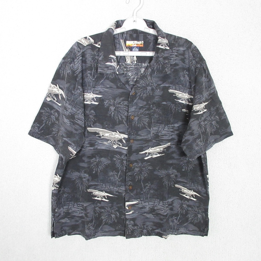 Havana Jacks Cafe Button Up Shirt Mens XXL Black Silk Seaplane Palm Tree Print